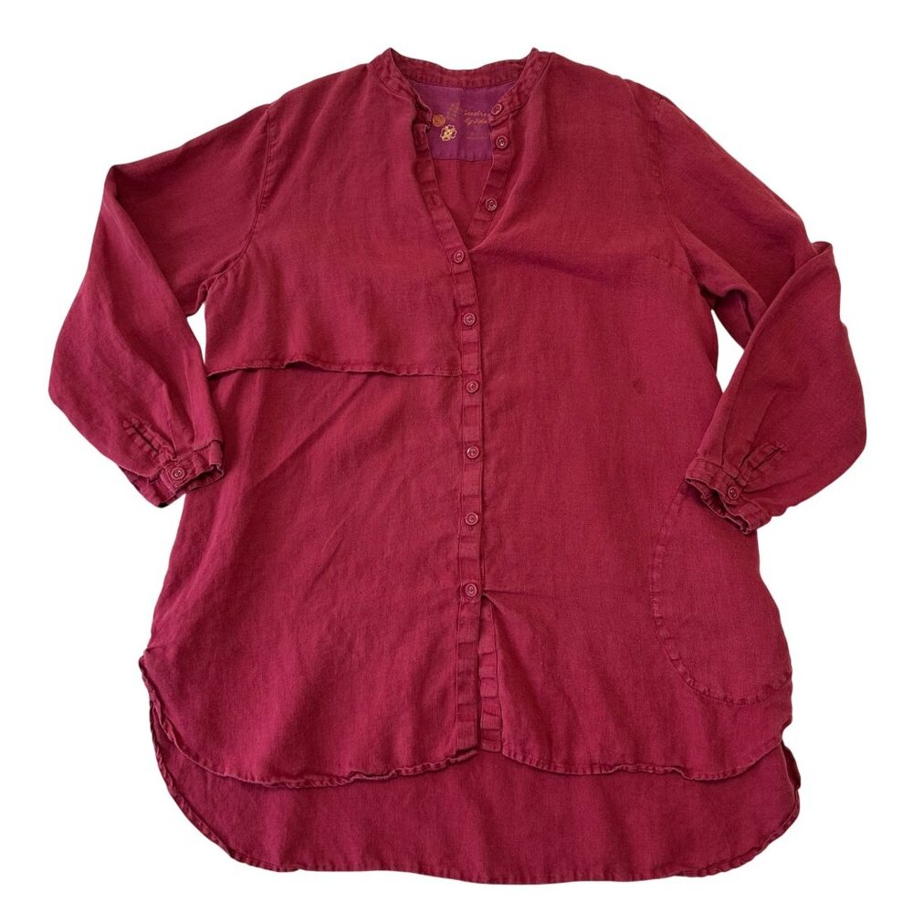 Gudrun Sjoden 100% Linen Button Up Tunic Top Sz XL Raspberry Red Lagenlook Read